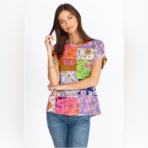 Johnny Was Cosmo Relaxed Short Sleeve Multicolor Patchwork Tee Bamboo Blend XXL